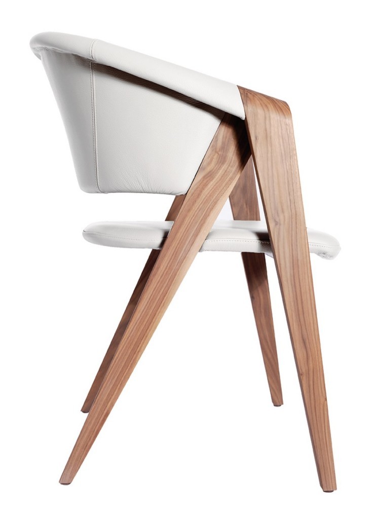 Contemporary armchair in walnut and white leather - profile view