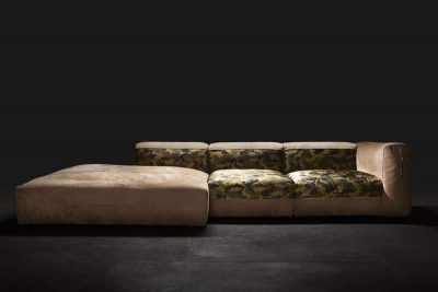 Haute couture sofa with velvet leather and camo silk fabric