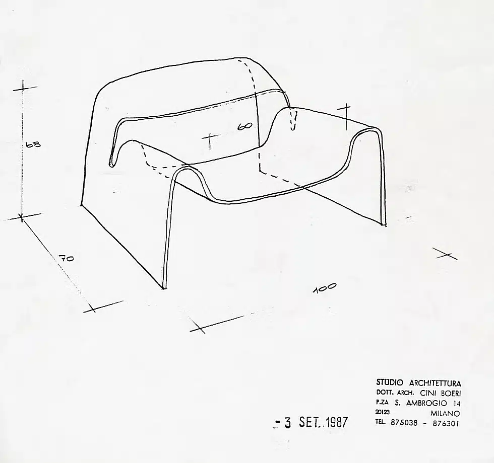 Chaise design GHOST Cini Boeri et Tomu Katayanagi pour Fiam Italia dessin 1987