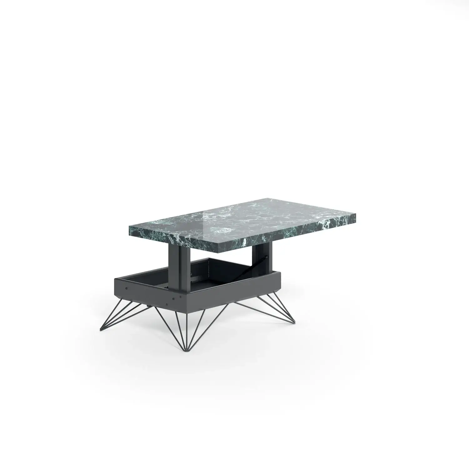 Table basse extensible Radius avec plateau vert effet marbre relevé dans une vue en studio