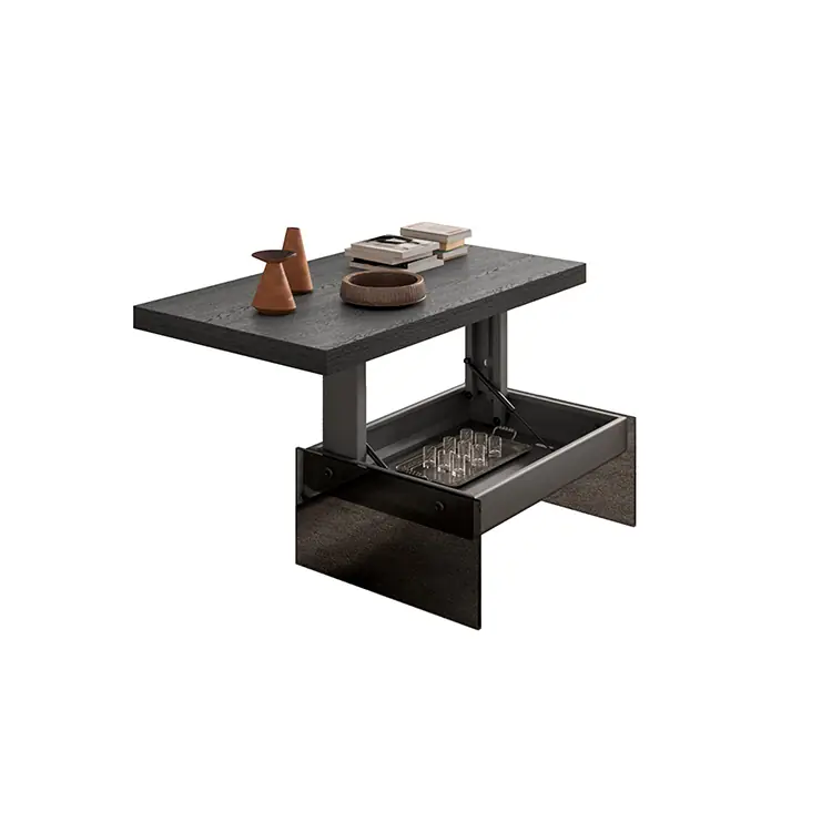 Table Rayon de Soleil relevée avec plateau foncé et côtés en verre teinté bronze